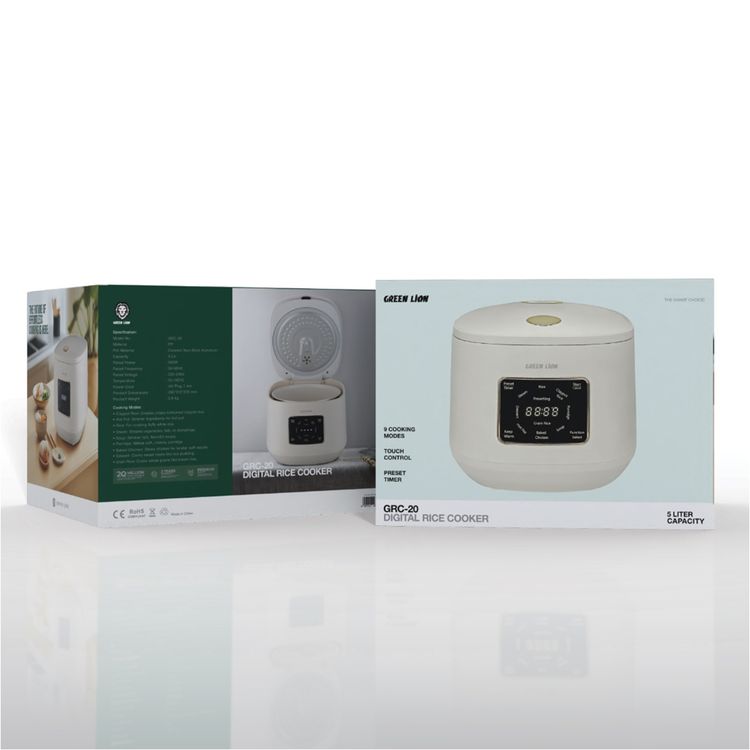 Green Lion GRC-20 Digital Rice Cooker, Keep Warm Mode, Touch Control, Easy To Clean, Exhaust Vent, Preset Timer, 8 Cooking Modes : Dessert, Grain Rice,Soup, Porridge, Baked Chicken, Claypot Rice, Hot Pot, RiceSteam - White 