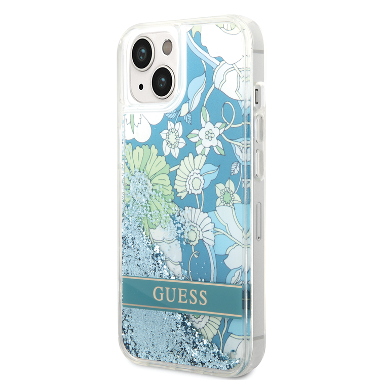 Guess Liquid Glitter Case with Flower Pattern Extra Shine Smooth Touch Feel iPhone 14 Compatibility - Green