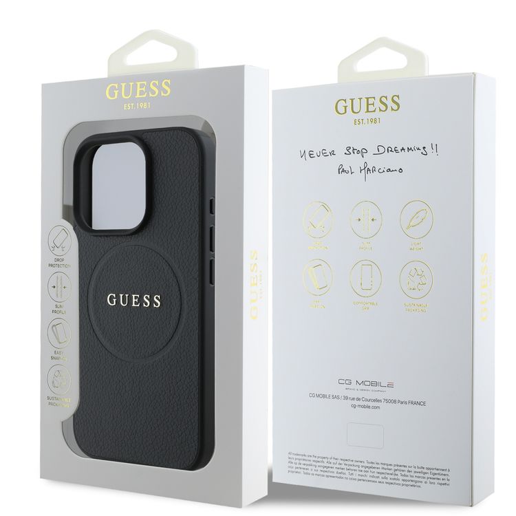 Guess Magsafe PU Grained with Gold Ring and Logo Case for iPhone 16 Pro, High Quality Material, Comfortable and Secure Grip, Lightweight - Black