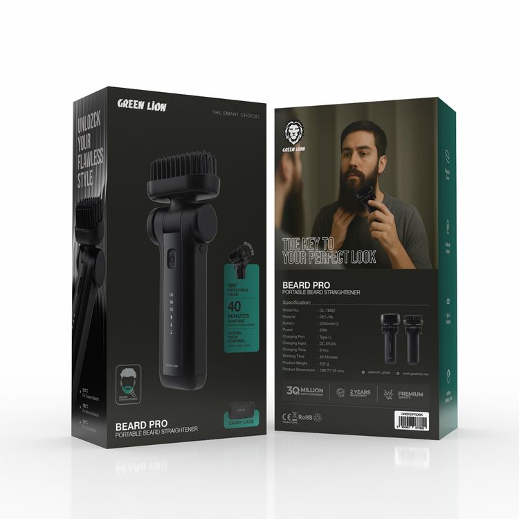 Green Lion Beard Pro Portable Beard Straightener with Magnetic Cover & Carry Case, 40 Minutes Working Time, 20W Power, 3-Level Temperature Control, 180° Rotatable Head - Black