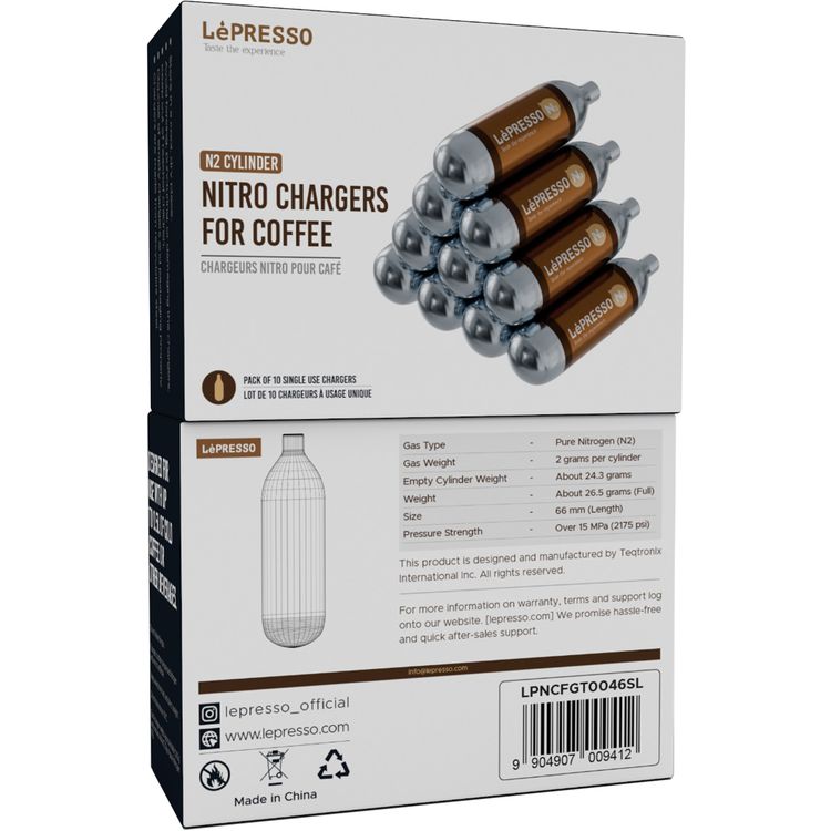 شواحن LePresso Nitro للقهوة، 10 شواحن لكل عبوة، سعة متوافقة 0.5 لتر، قوة ضغط تزيد عن 15 ميجا باسكال، نيتروجين مضغوط نقي - فضي