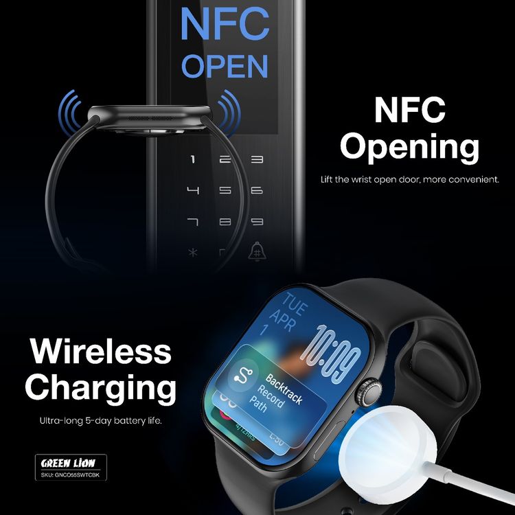 Green Lion Communicate Smart Watch with 2.07" IPS Dispaly, 380mAh Battery Capacity, Wireless Charging, AI Voice Assistant, 1GB Flash, 3-5 Days Working Time - Black