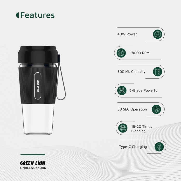 عصارة Green Lion G-Blend X المحمولة بسعة 300 مل، سعة بطارية 1500 مللي أمبير، مادة البرطمان من البولي كربونات، مادة الشفرة من الفولاذ المقاوم للصدأ، منفذ شحن من النوع C، وقت شحن 3-4 ساعات - أسود