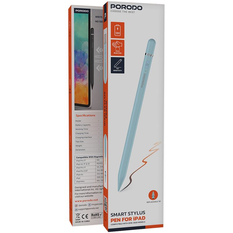قلم ذكي من بورودو لأجهزة آيباد، طرف قابل للاستبدال، مقاس الطرف 1.7 مم، واجهة شحن من النوع C، سعة بطارية 140 مللي أمبير/ساعة، وقت شحن 40 دقيقة، وقت عمل من 10 إلى 12 ساعة، ملحق مغناطيسي - أزرق