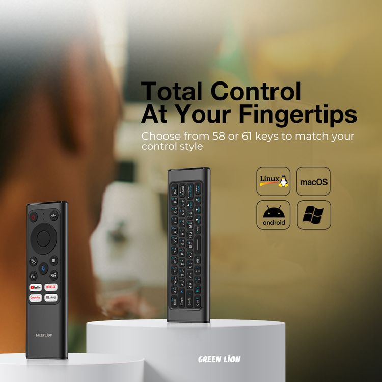 جهاز Green Lion Wireless Remote Pro مع لوحة مفاتيح وفأرة، اتصال 2.4G + بلوتوث، دقة 1200 DPI، منفذ شحن Type-C، مساعد صوتي، 61 مفتاح للوحة المفاتيح، سعة بطارية 300mAh، لوحة مفاتيح صغيرة – باللون الأسود.