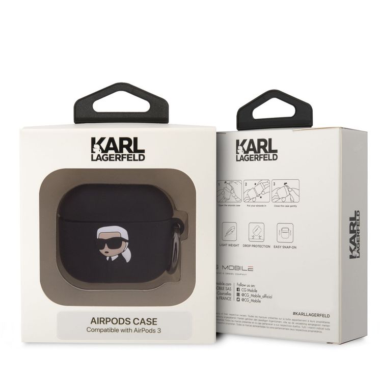 Karl Lagerfeld 3D Silicone Case for AirPods 3, NFT KARL Design, Lightweight, Easy Snap-on, Drop Protection, Easy to Carry - Black