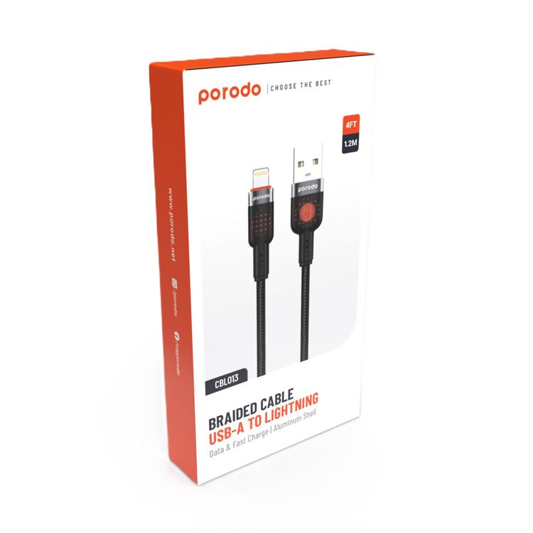 Porodo Aluminum Alloy Braided Cable USB-A to Lightning 1.2, 480Mbps Transfer Speed, 2.4A, more than 15000 Bends Life Span, Tangle Free - Black