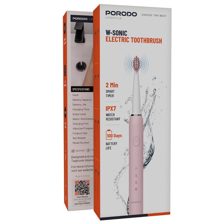 Porodo W-Sonic Electric Toothbrush with Professional Sonic Cleaning, 2 Minutes Smart Timer, 500mAh Battery Capacity, IPX7 Water Resistant, 3 Hours Charging Time, Type-C Charging Port, Up to 100 Days Battery Life, Smart Quadrant Timer - Pink