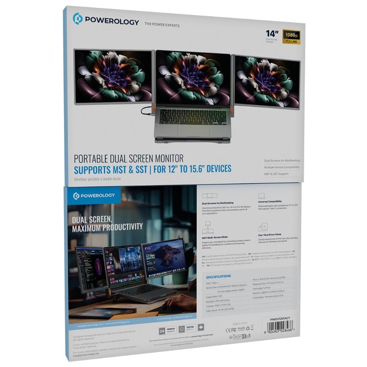 Powerology Dual Portable Monitor With Mst Docking Station, 14" Dual Full HD Screens, Multiple Device Compatibility, Driver-Free Use, Full View  Angle, 4K Ultra HD - Gray 