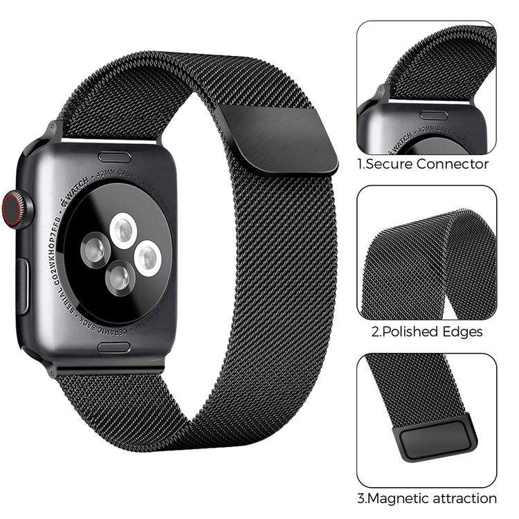 AhaStyle Magnetic Stainless Steel Milanese Mesh Loop Strap for Smartwatch - Lightweight Design - Replacement Wrist Band Strap Compatible for Apple Watch 42 / 44mm - Black