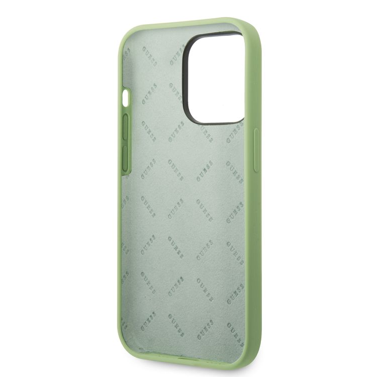 Guess Liquid Silicone Case With PC Camera Outline & Script Metal Logo - iPhone 14 Pro - Green