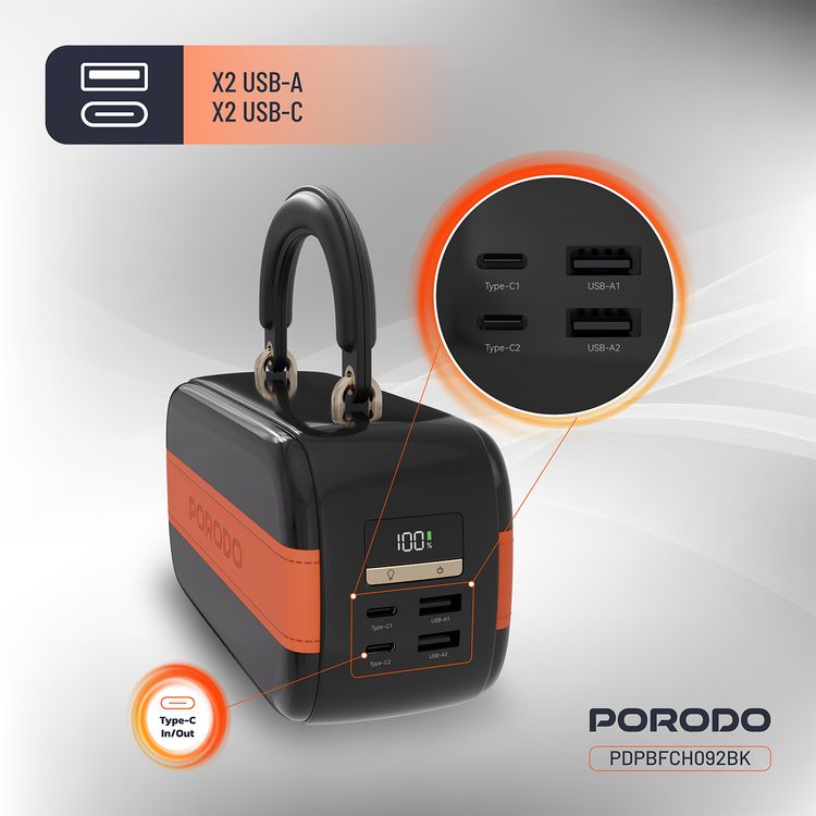 باور بانك بورودو سواي 60000 مللي أمبير ساعة مع إضاءة LED مدمجة، مخرج PD 22.5 واط USB-C مزدوج، مخرج QC 100 واط USB-A مزدوج، إضاءة LED مدمجة، مقبض أنيق