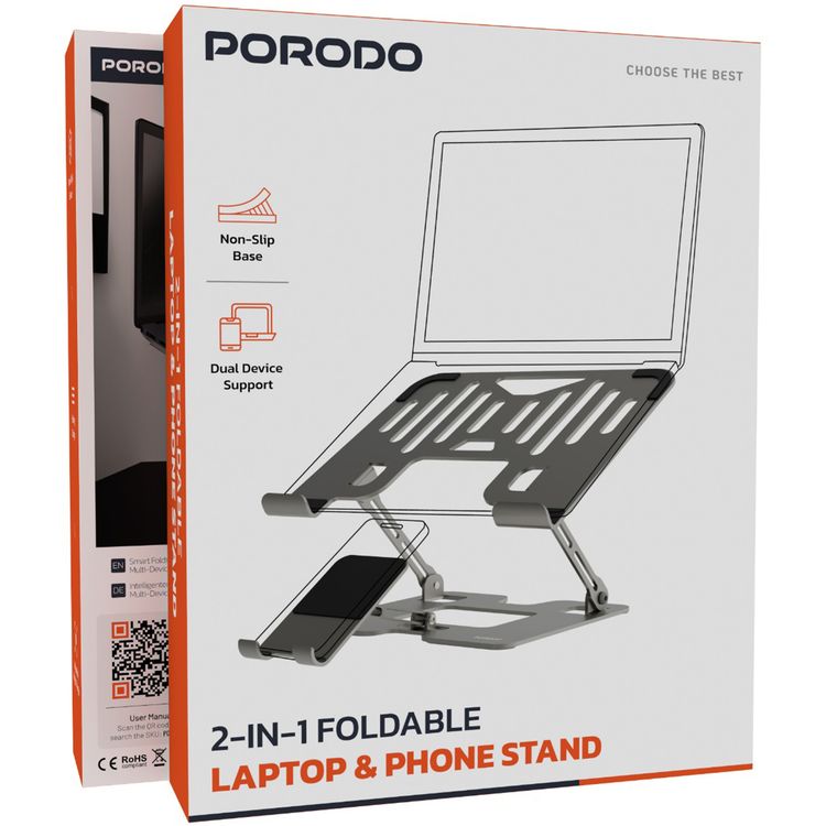 Porodo Smart Folding Multi-Device Stand with Phone Holder, Carbon Steel & Silicone Rubber Material, 10-17" Devices Compatible, Adjustable Height & Angle, Folding Design, Non-Slip & Secure - Silver
