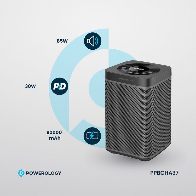 Powerology Portable Power Generator with Integrated HIFI Sound System, Dual USB-C, Dual USB-A & Dual DC Outputs, Micro SD, Microphone & AUX Inputs, 30W Power Delivery & 85W Speaker Power - Black