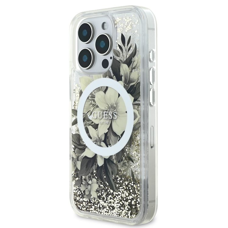 GUESS MagSafe Liquid Glitter Hard Case with Flower Design for iPhone 16 Pro Max, Drop Protection, Accurate Cutouts, Shock-Absorption, Slim Profile - Beige