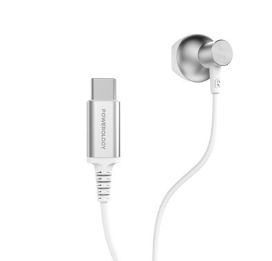 Powerology Type-C Mono Earphone with 5mW Max Power, 1.2m Cable Length, 32Ω Impedance, 14.2mm Driver Size, 110dB Sensitivity, Control Button, HD Sound Clarity - White