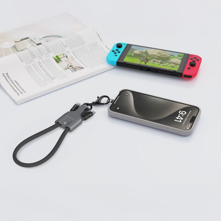 Levelo Tugo Type-C to Type-C 60W Lanyard Cable with TPE + Leather Material, 0.3m Cable Length, Data Transfer - Black/Gray