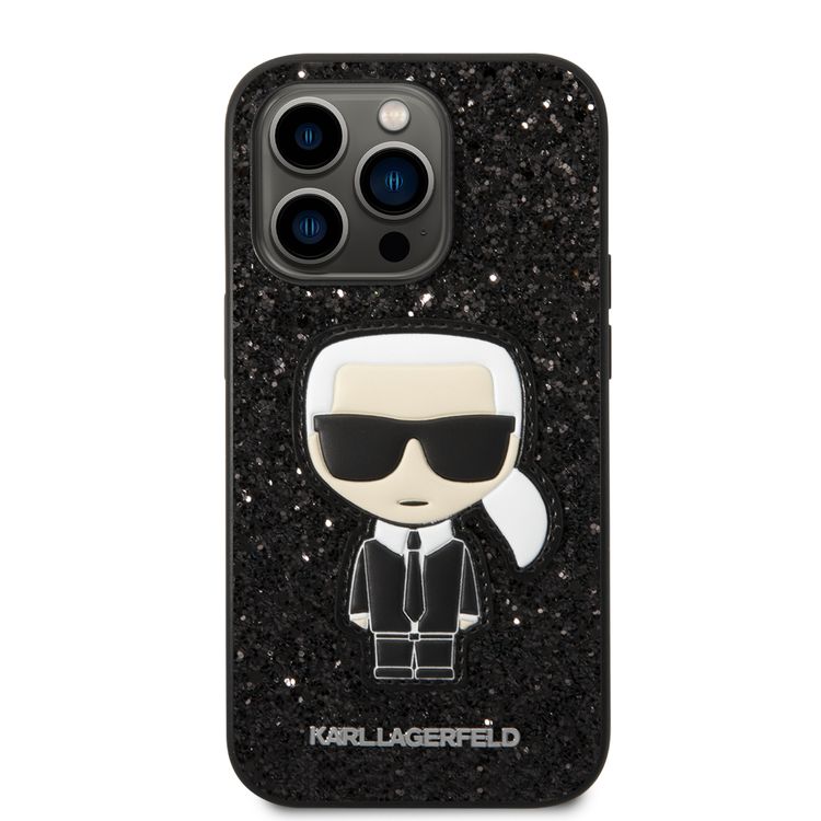 Karl Lagerfeld Glitter Flakes Case with Ikonik Patch Shockproof iPhone 14 Pro Compatibility - Black