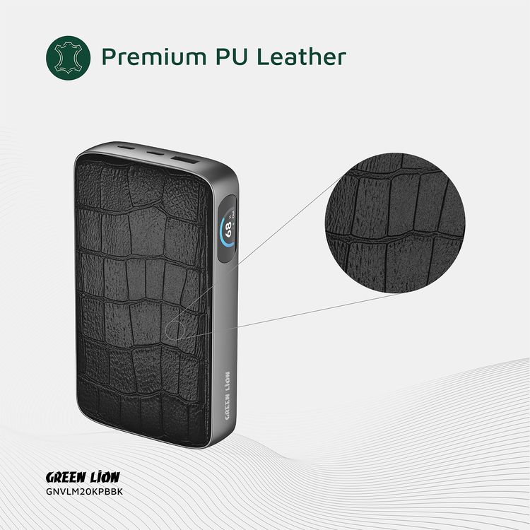 باور بانك جرين ليون VALMONT بسعة 20000 مللي أمبير بالساعة مع جلد PU فاخر، شحن سريع 100 واط PD، معتمد للسفر، شاشة TFT، مخرج USB-A QC18W - لون أسود