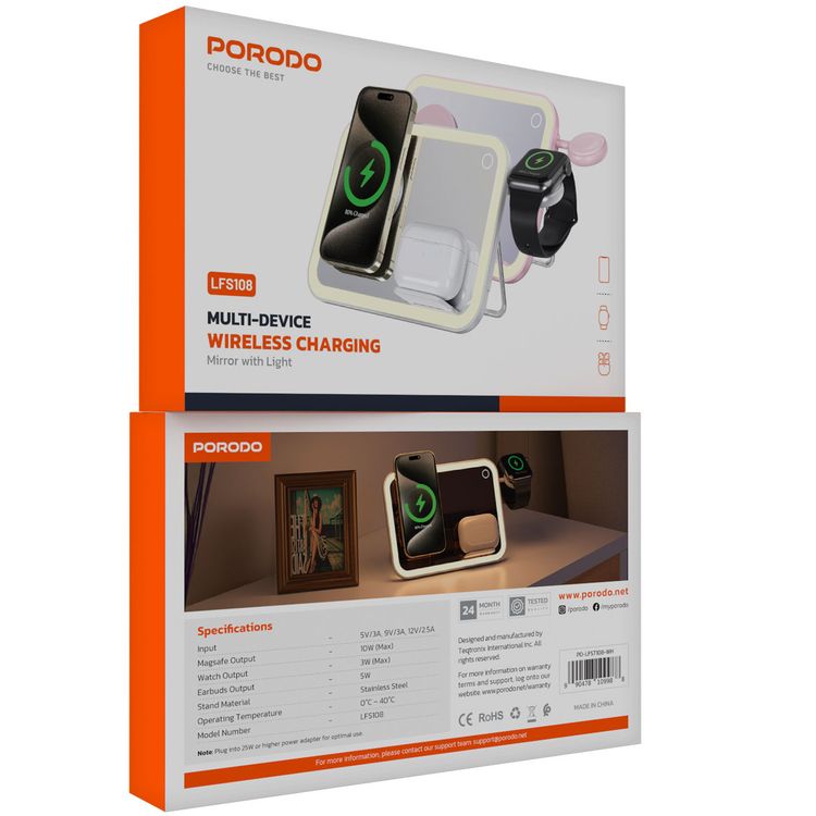 Porodo Multi-Device Wireless Charging Mirror with LED Night Light, Adjustable Stainless Steel Stand, 10W MagSafe Output, 5W Earbuds Output, 3W Watch Output, 0-40°C Operating Temperature - White