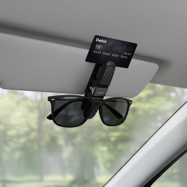 Green Lion Visor Guard Car Sunglass Holder with U-Shaped Stable Clip, Carbon-Fiber Style Pattern, Dual Sunglasses Holder, Card Clip Storage, Soft Padded Grip, U-Shaped Stable Clip, Scratch-Free Storage, Soft Padded Grip, ABS + PC Material - Black