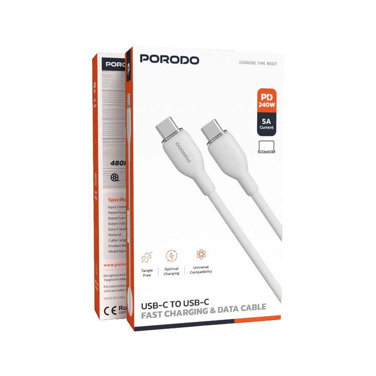 بورودو كابل شحن سريع ونقل بيانات USB-C إلى USB-C، مصنوع من مادة TPE، جهد مُصنّف 48 فولت، توافق عالمي، تصميم مقاوم للتشابك، قدرة مُصنّفة 240 واط، طول الكابل 1 متر - أبيض