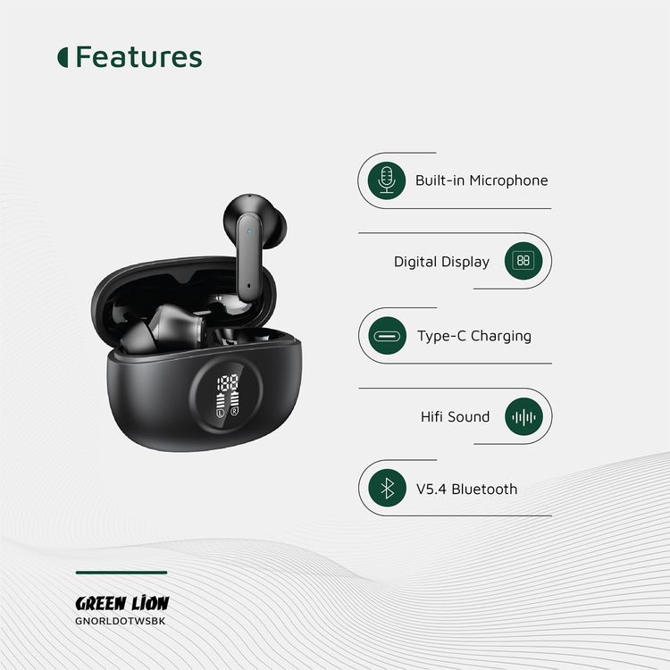 سماعات أذن لاسلكية حقيقية من جرين ليون أورلاندو مع شاشة رقمية، صوت هاي فاي، ميكروفون مدمج، مساعد صوتي، 4.5 ساعات من التشغيل، شحن بواسطة Type-C.