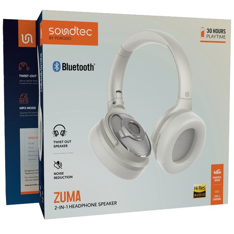 Porodo Zuma 2-in-1 Headphones Speaker, Up to 5 Hours Speaker Play Time, 1200mAh Battey, Built-in FM Radio, Noise Reduction, Up to 30 Hours Headphones Play Time, Bluetooth Version 5.4, 40mm Speaker Diameter - Beige