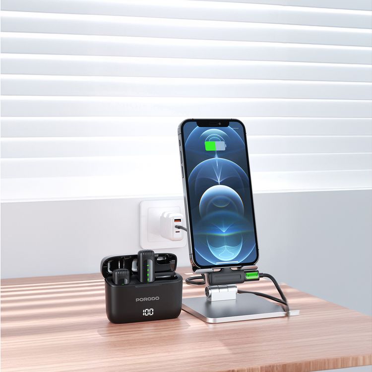 Porodo Lavalier Double Microphone with Charging Case, Up to 12 Hours Working Time, 300mAh Case Battery Capacity, 20ms Latency, 2.4GHz Microphone Frequency, Type-C Connector with Lightning Adapter, Digital Display, Low Latency, Crystal Clear Audio, Plug & Play - Black 