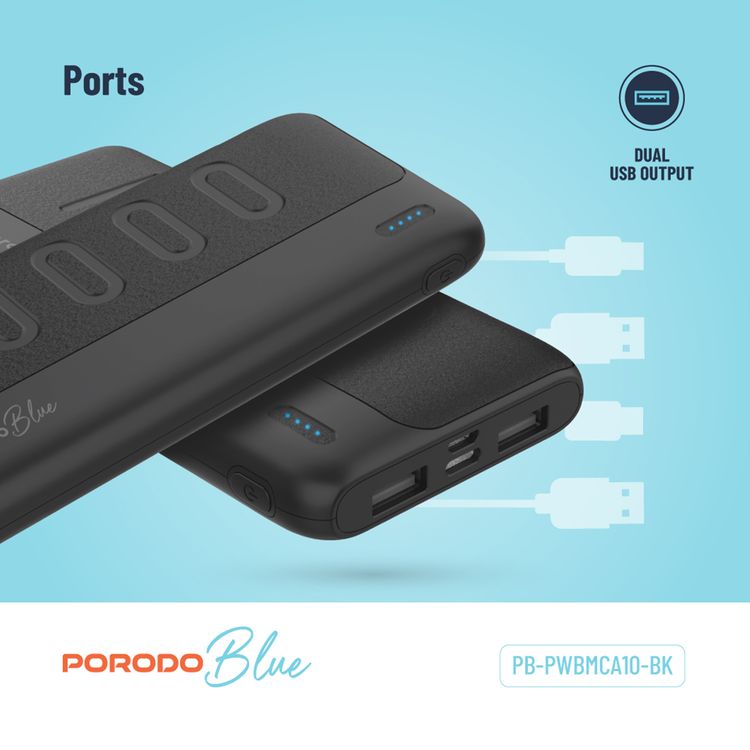 Porodo Blue 10000mAh Slim Power Bank with Dual USB-A Output, Lightweight & Compact Design, Type-C Input, LED Indicator - Black