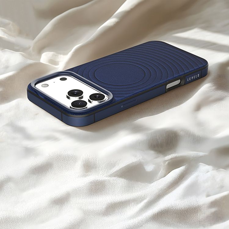Levelo Spirale PU Leather Hybrid Case for iPhone 17 Pro, MagSafe Compatible & Strong Magnets, Impact-Resistant, Shock-Resistant Bumper, Aluminum Alloy Frame for Camera & Edges, Drop-Tested - Midnight Blue