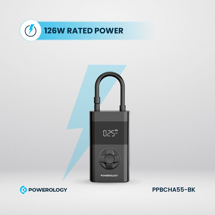 Powerology PPO55 Ultra Portable Air Compressor Powerbank, 4000mAh, 70W, 20 minutes Continuous Inflation, 20-23L/Min - Black 