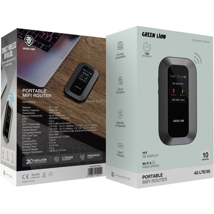 Green Lion Portable Mifi Router with WiFi6 High-Speed or USB Connectivity, 4G LTE & 3G Bands, Nano Sim Card, 3000mAh Battery Capacity, Up to 10 Devices Connectivity, Linux OS, 12 Hours Working Time, Automatic Configuration, Secure Encryption, Universal Compatibility, TFT HD Display - Black