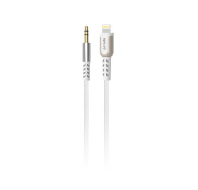 Porodo Lighting to Aux Cable with 1.2m Length, Anti-tangle, Universal Compatibility, 3.5mm Audio Jack, Plug & Play, Braided - White