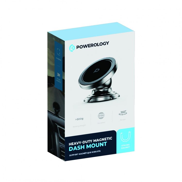 Powerology Heavy Duty Magnetic Car Mount 360° Rotatable with 3M Metal Plates, Compatible with 4.7 to 6.9-inch Devices - Silver