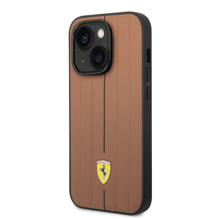 Ferrari Leather Case With Embossed Stripes & Yellow Shield Logo - iPhone 14 - Camel
