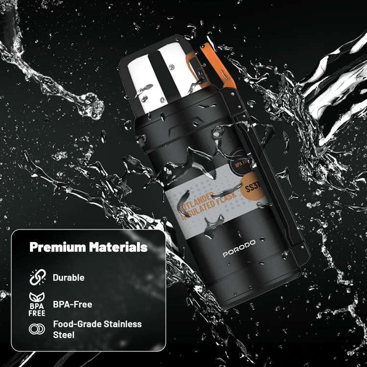 Porodo Lifestyle Outlander Insulation Flask with Triple-Wall Copper Insulated, Leak-Proof Lid, 2L Capacity, Keep Hot & Cold Up to 24 Hours, Food-Grade Stainless Steel - Black