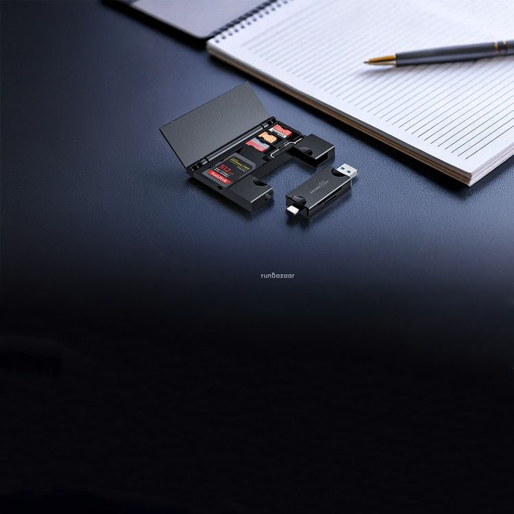 Porodo Blue 2-in-1 Card Reader with 5 Storage Slots, 5Gbps Data Transfer Speed, SD and Micro SD Card Slots, V3.0 USB and Type-C Connector, Compact and Portable - Black
