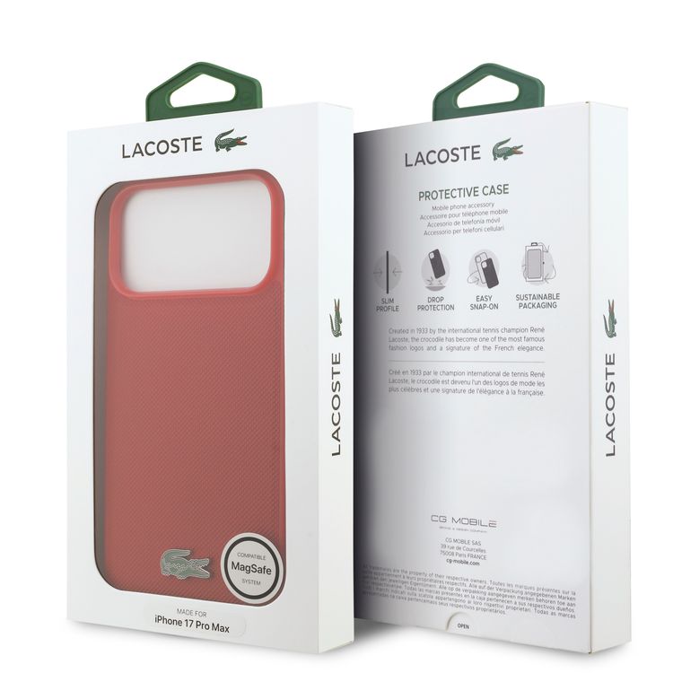 حافظة Lacoste MagSafe بجلد PU الصلب مع شعار Petit Pique الأيقوني لجهاز iPhone 17 Pro، حماية من الصدمات، تصميم نحيف، سهل التركيب، تغليف مستدام - أحمر