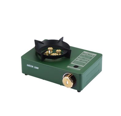 أسطوانة غاز مصغرة بأربع شعلات من جرين لايون مع خامات من الحديد والفولاذ المقاوم للصدأ، تتحمل وزن حتى 60 كجم، صمام شفط كهرومغناطيسي، مقابض قابلة للتعديل، مناسبة للتخييم - أخضر