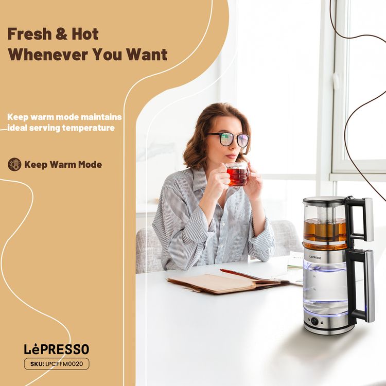 إبريق شاي زجاجي تركي ليبريسو ثيرموبرو مع سعة إبريق شاي 1.2 لتر وسعة غلاية 1.8 لتر، نظام تخمير متقدم، فلتر شاي قابل للفصل، حماية من الجفاف، وضع الحفاظ على السخونة، إيقاف تشغيل تلقائي - أسود