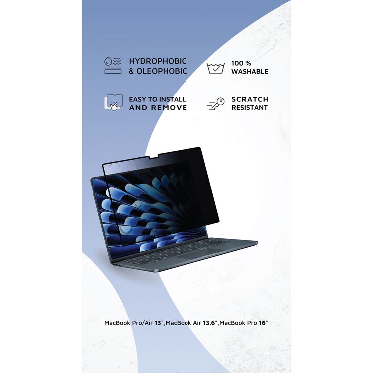 واقي شاشة Levelo Air Shield للخصوصية لجهاز MacBook Pro مقاس 16 بوصة بزاوية خصوصية 30 درجة على كلا الجانبين، مقاوم للماء، رفيع للغاية، قابل للإزالة وإعادة الاستخدام ومقاوم للخدش - أسود