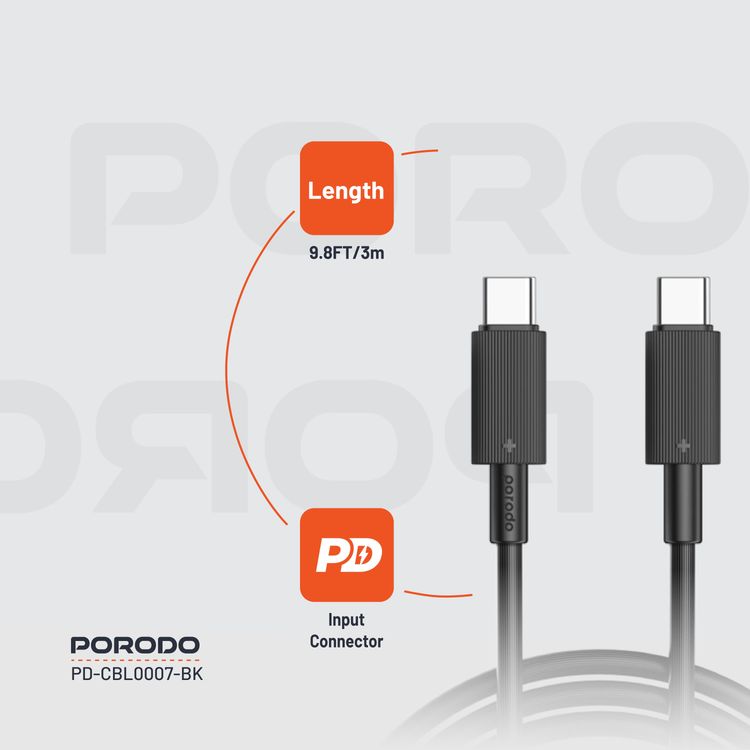 كابل بورودو من النوع C إلى C PVC بطول 3 متر، سرعة نقل 480 ميجابت في الثانية، PD 60 وات، عمر افتراضي يزيد عن 15000 ثنية، خالٍ من التشابك - أسود