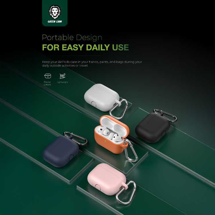 جراب سيليكون سلسلة Green Lion Berlin لأجهزة AirPods Pro 3 مع خطاف معدني محمول، حماية كاملة 360 درجة، ملاءمة سلسة، ملمس صديق للجلد، تصميم قطعة واحدة، مقاوم للخدش، صدمات - أسود