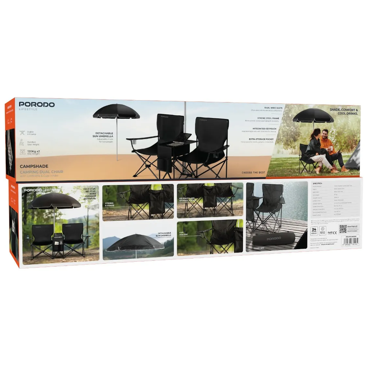 Porodo Dual Camping Chair with Detachable Sun Umbrella, ×2 120KG Max Load, Strong Steel X Frame, Cup Holder, Ice Pouch & Extra Storage, 12L Capacity, Double Foldable Chairs, Ideal for Camping, Tailgating, Beach etc. - Black