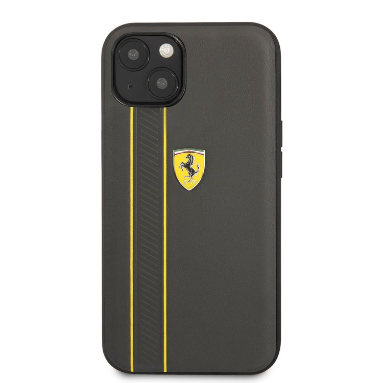 CG MOBILE Ferrari Genuine Leather Hard Case with Debossed Stripes Compatible for iPhone 13 (6.1") Shock & Scratches Resistant, Easy Access to All Ports