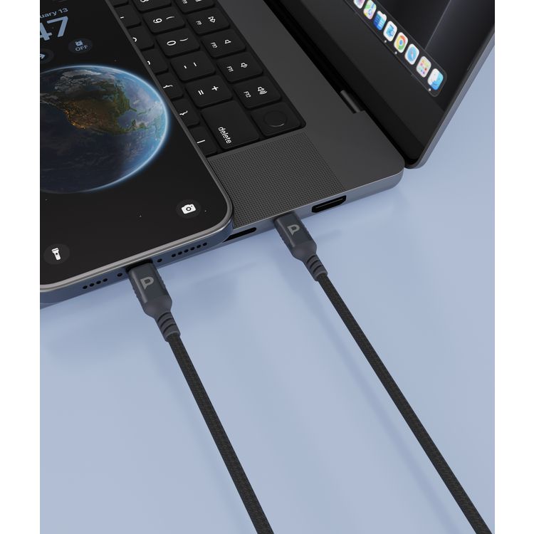 باورولوجي باور سينك ويڤ كابل USB-C إلى Lightning بطول 2 متر، عمر افتراضي يصل إلى 20000 انحناءة، مصنوع من النايلون المضفر، تصميم خالٍ من التشابك، شحن سريع ونقل بيانات، توصيل طاقة 60 واط - رمادي داكن