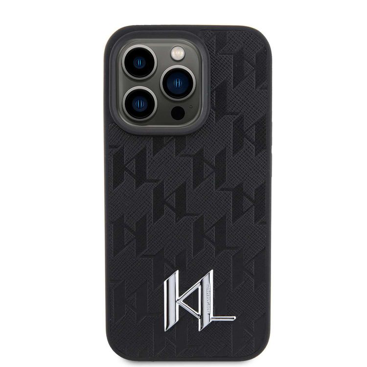 Karl Lagerfeld Hot Stamp Hard Case with Monogram KL Metal Logo for iPhone 15 Pro Max - Black