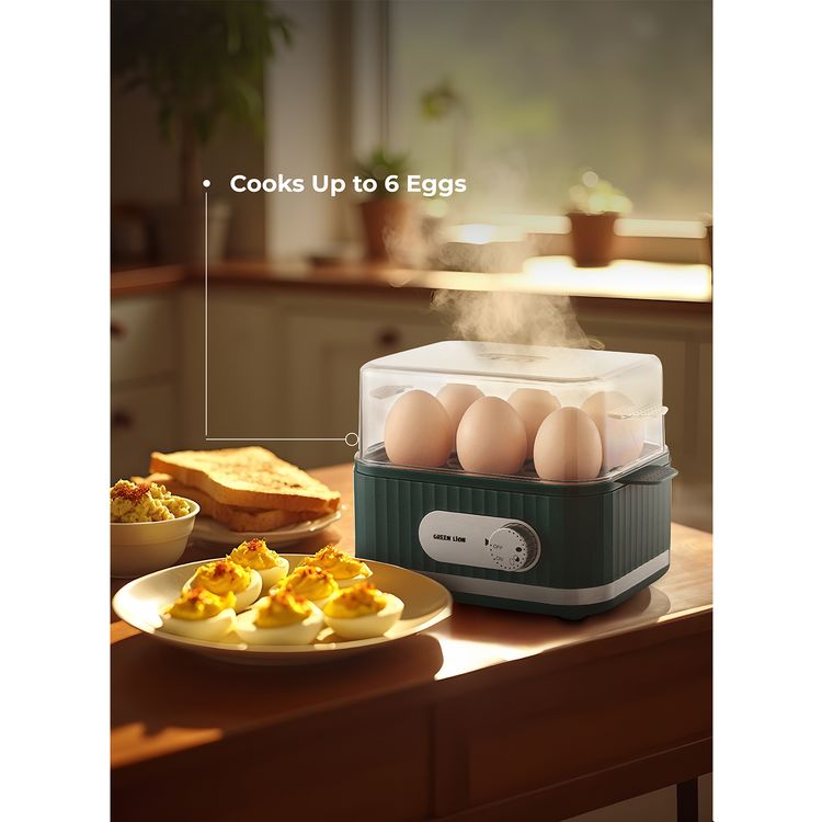 Green Lion Smart Egg Cooker with 1-6 Eggs Capacity, Jog Dial Control, 3-Level Cooking Mode, 400W Rated Power, Portable & Compact Design, Easy & Fast Cooking - Green