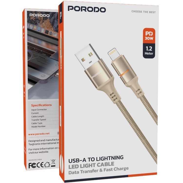 Porodo USB-A to Lightning LED Light Cable with 2.4A Current, 480Mbps Transfer Speed, 1.2m Cable Length, Fast Charging & Data Transfer, Braided Wire - Gold